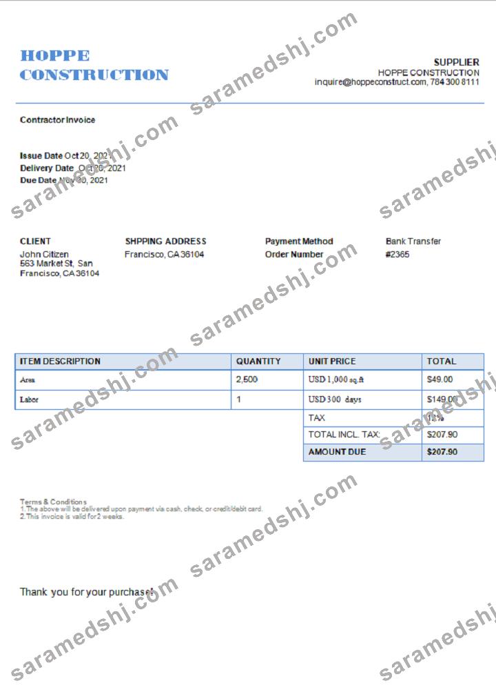 USA Hope Construction invoice